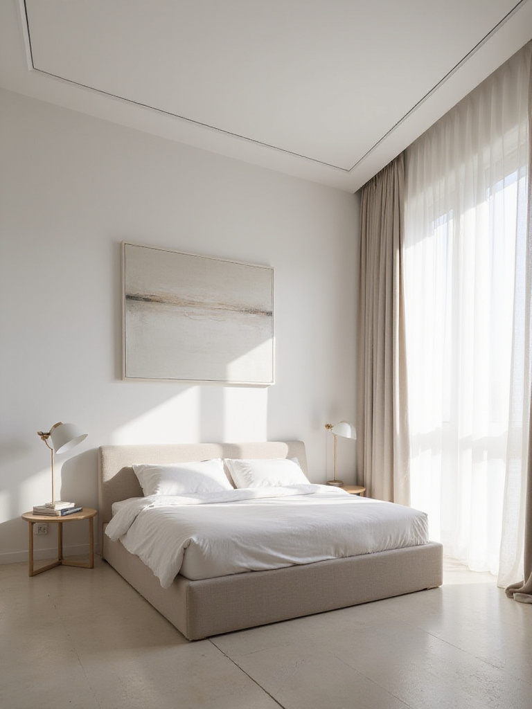 Small bedroom with minimalist decor and a large abstract painting