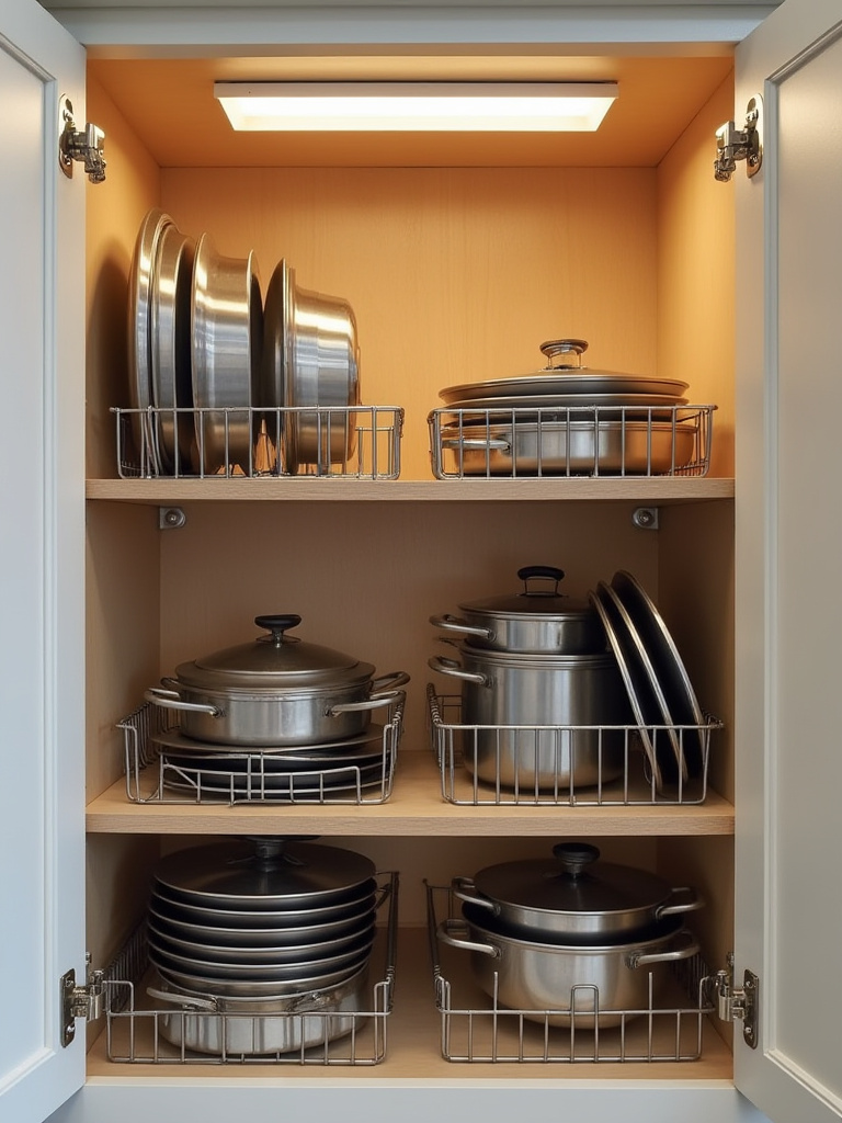 Interior of a kitchen cabinet showing pots, pans, and lids neatly organized with metal wire dividers.