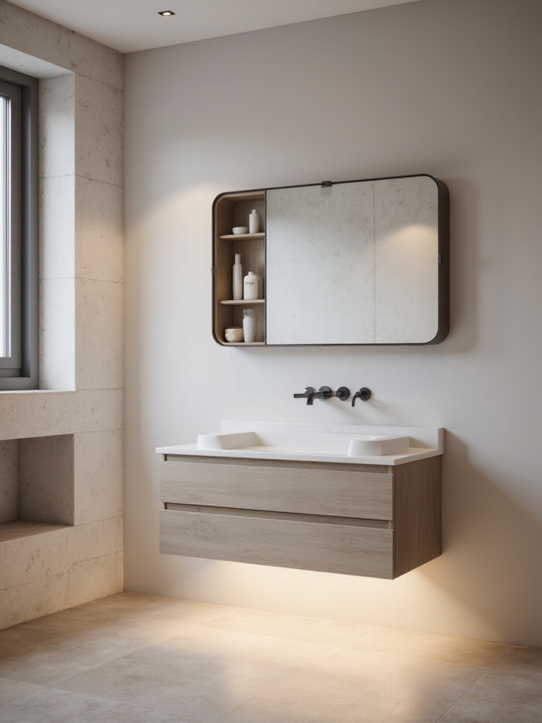 A minimalist modern bathroom showcasing sleek hidden storage solutions, including a seamless vanity with integrated drawers, a large recessed mirror cabinet, and a built-in wall niche with a hidden door.
