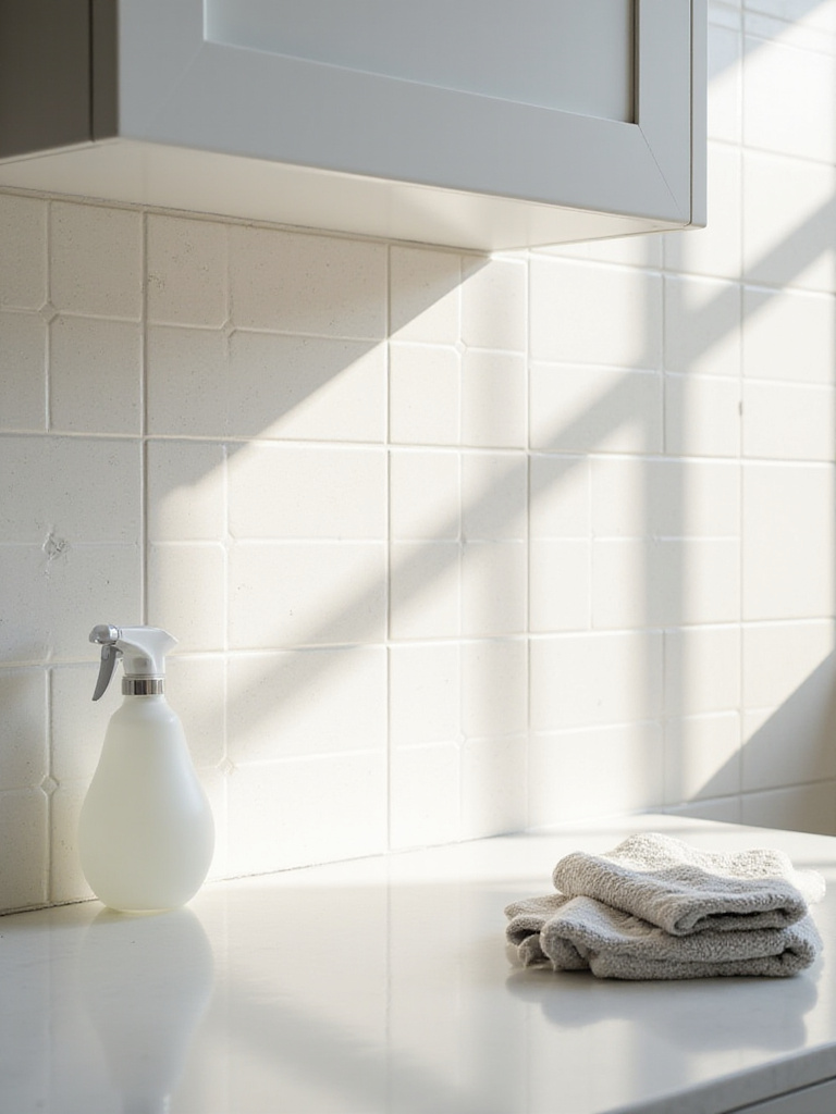 Sparkling clean geometric ceramic tile kitchen backsplash with cleaning supplies on the counter.