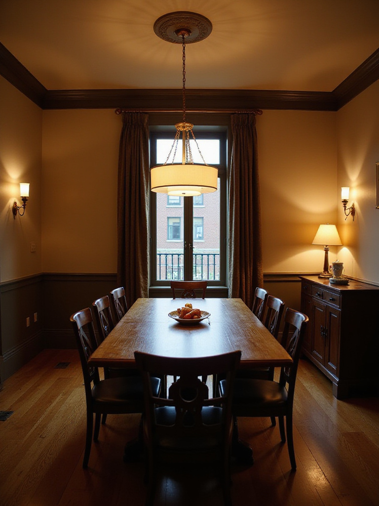 Layered lighting sources in a dining room, including dimmable ambient, accent, and task lights, for versatile ambiance and function in a pet-friendly home.