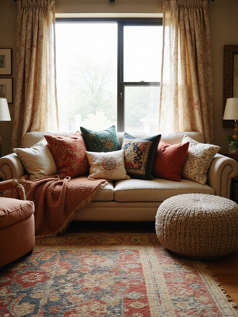 An eclectic living room showcasing rich layering of diverse textiles. A patterned rug is layered over a textured rug, while a sofa is adorned with numerous throw pillows in mixed patterns and textures. Throws are draped over furniture, and layered curtains hang at the window, creating depth and visual interest.
