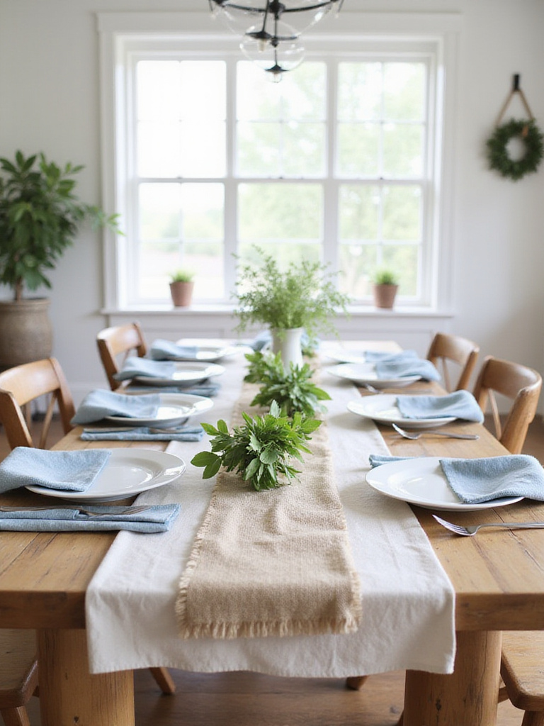 Farmhouse dining room table setting with linen tablecloth, burlap runner, and blue linen napkins