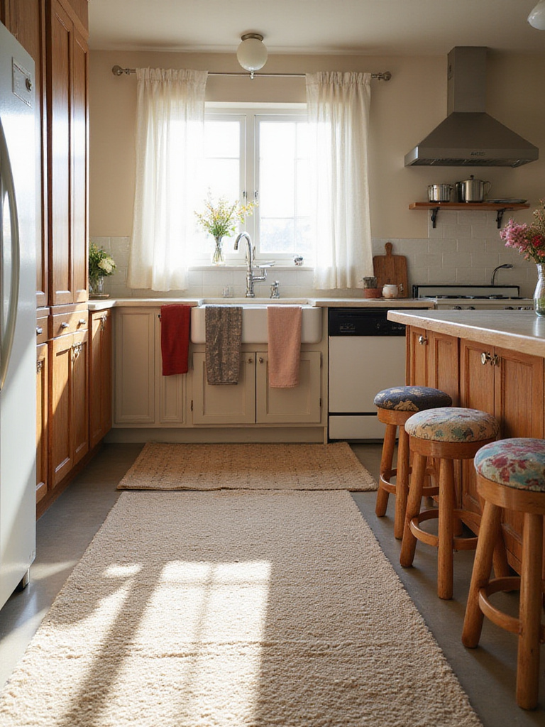 Layered textiles in a warm kitchen featuring a rug layered with a runner, layered window treatments, and varied seat cushions, adding warmth and texture to the space.