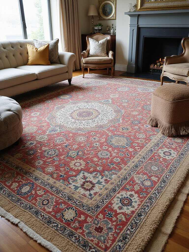 Luxurious living room featuring layered sisal and Persian rugs creating depth and texture.