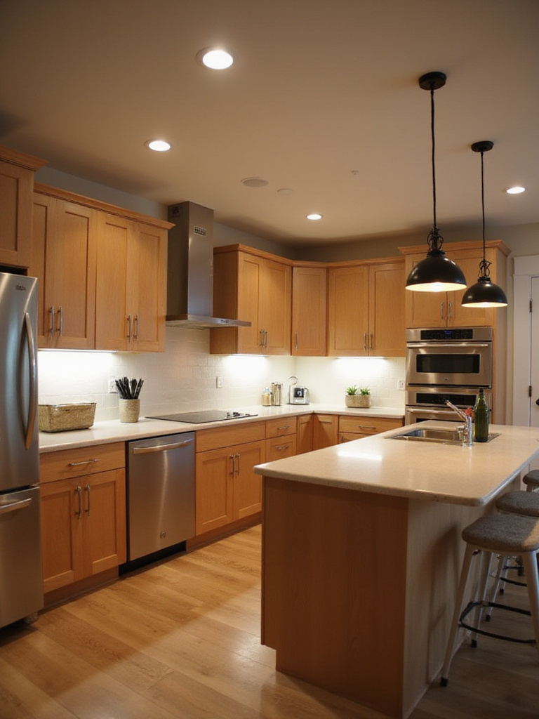 Modern kitchen with layered lighting: ambient, task, and accent lights create a functional and inviting space.