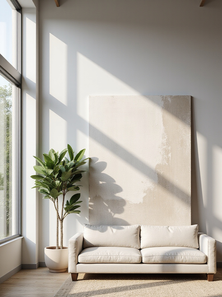 Large abstract canvas art leaning against a wall behind a sofa in a modern living room with natural light.