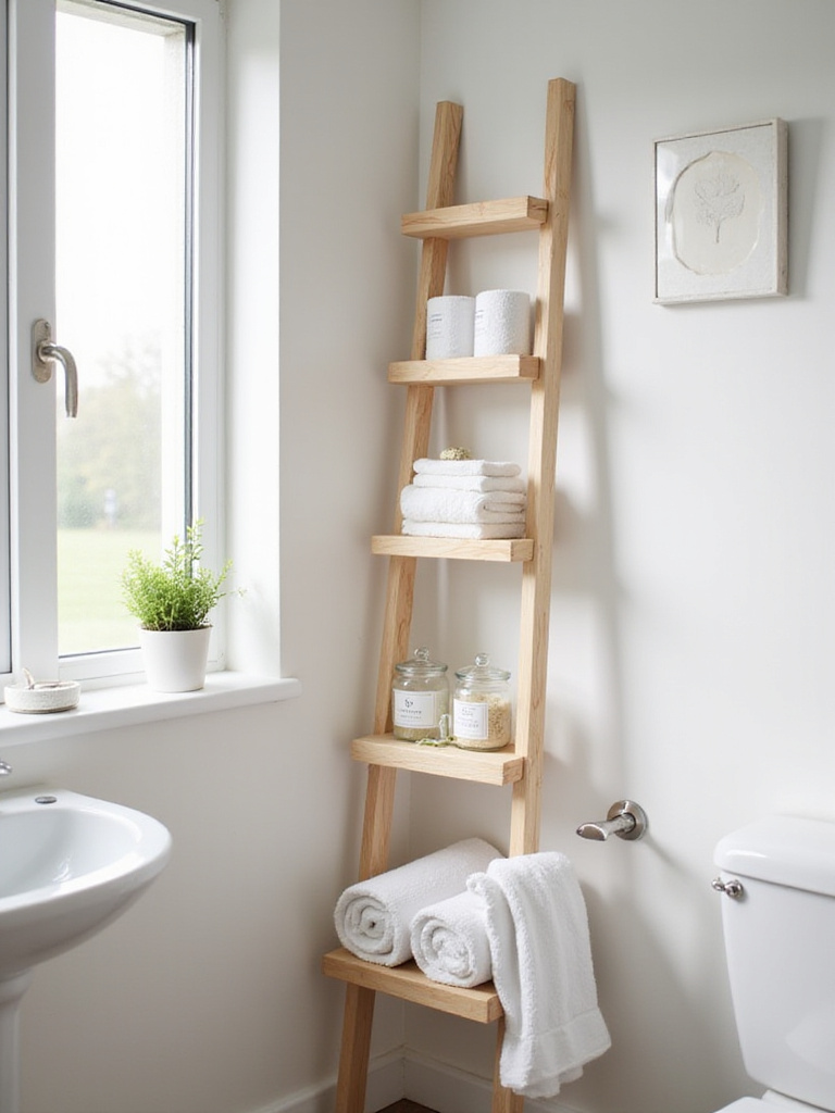 Slim wooden ladder shelf leaning against a wall in a small bathroom, holding towels, a plant, and toiletries.