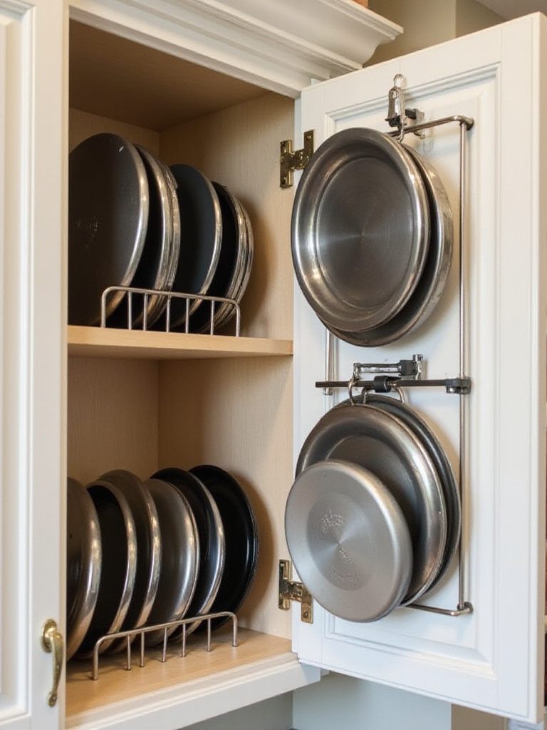 Organized pot lids stored vertically in racks on a shelf and mounted on the cabinet door inside a clean kitchen cabinet.