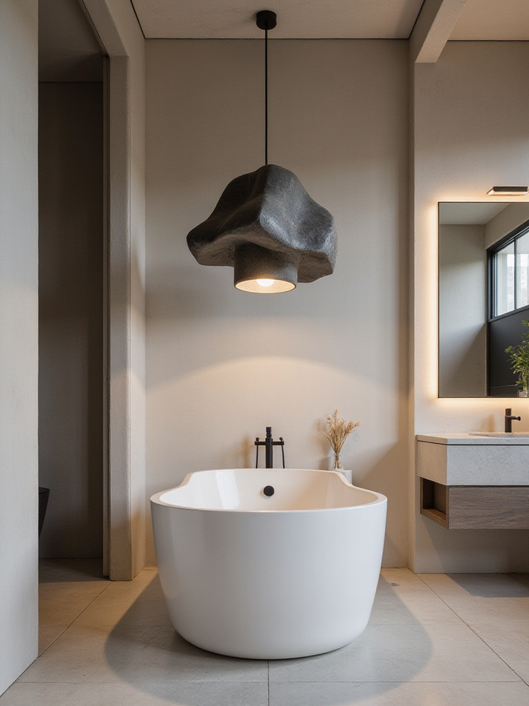 A modern bathroom featuring a sculptural statement pendant light hanging above a freestanding tub, creating a luxurious focal point.