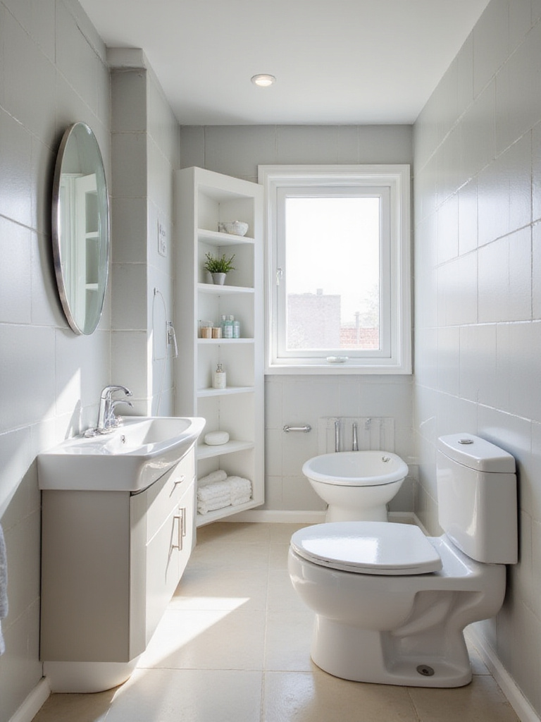 Small modern bathroom with a smart layout featuring a corner sink, corner shower, and vertical storage to maximize space efficiency.
