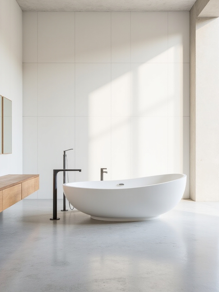 A modern bathroom featuring a white oval freestanding tub as a luxurious statement piece.