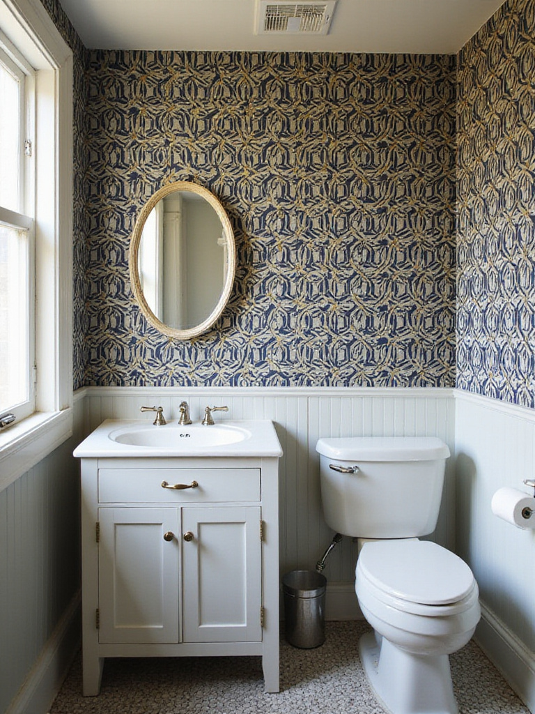 Vintage bathroom with walls covered in bold black and white geometric pattern wallpaper, featuring a white pedestal sink and mirror.