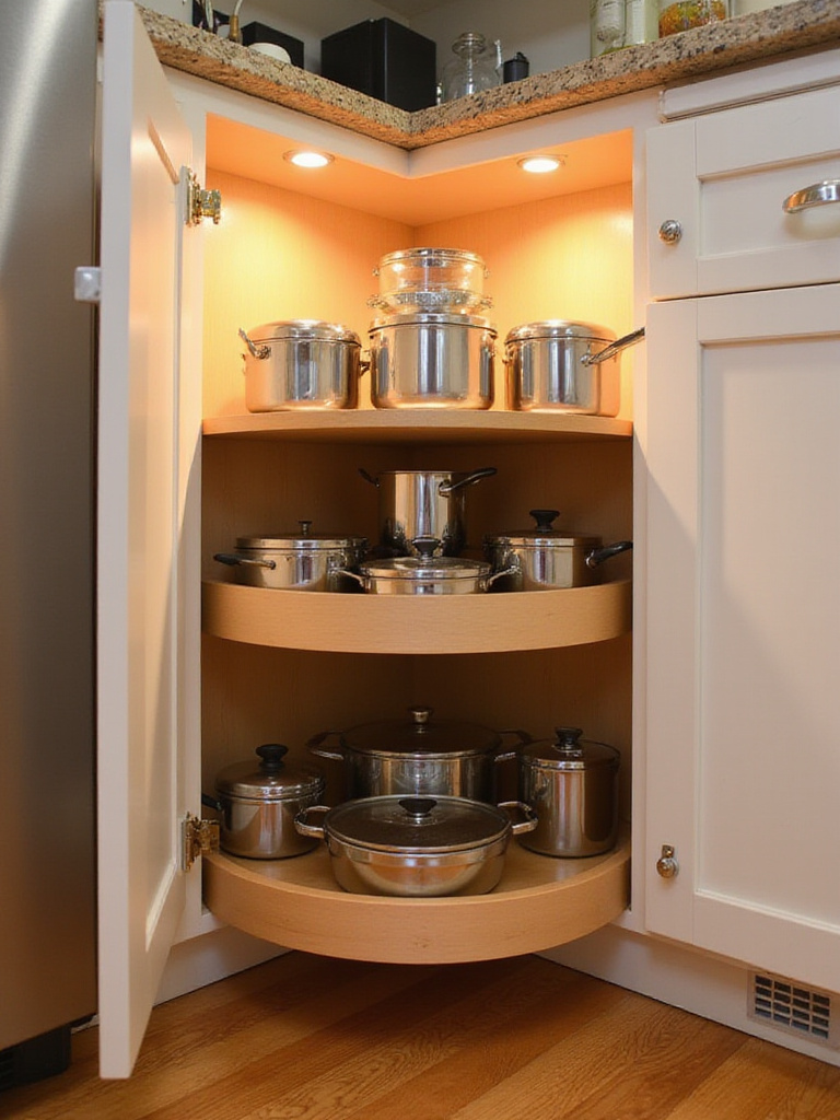 Open kitchen corner base cabinet showing a two-tiered kidney-shaped lazy susan organizer filled with pots, pans, and lids.
