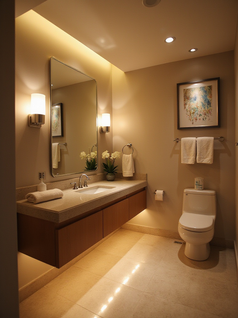 Modern bathroom with layered lighting: recessed lights, vanity sconces, under-cabinet LEDs, and accent lighting.