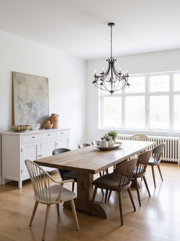 Farmhouse dining room with a mix of old and new furniture and decor elements.