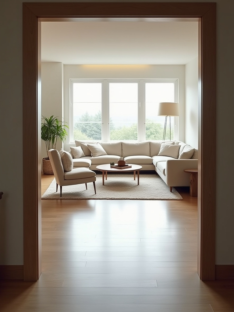 Living room layout showing clear pathways and a conversation zone defined by furniture arrangement and an area rug.