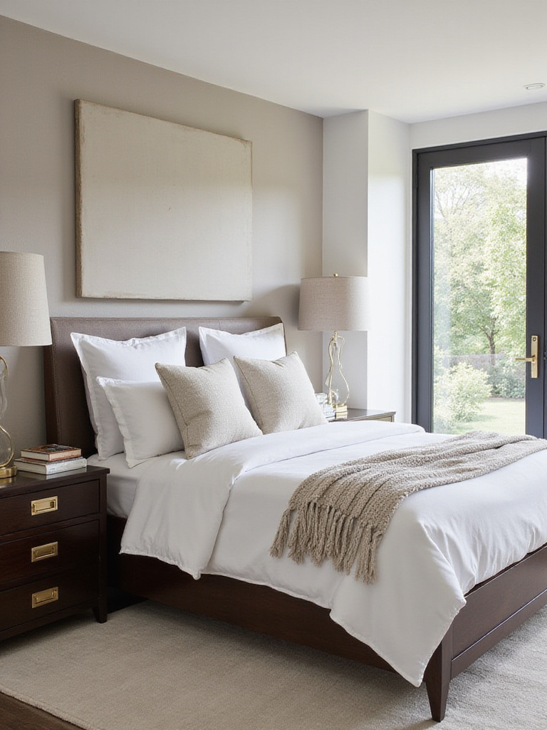Bedroom with matching nightstands and lamps, creating a symmetrical and balanced design.