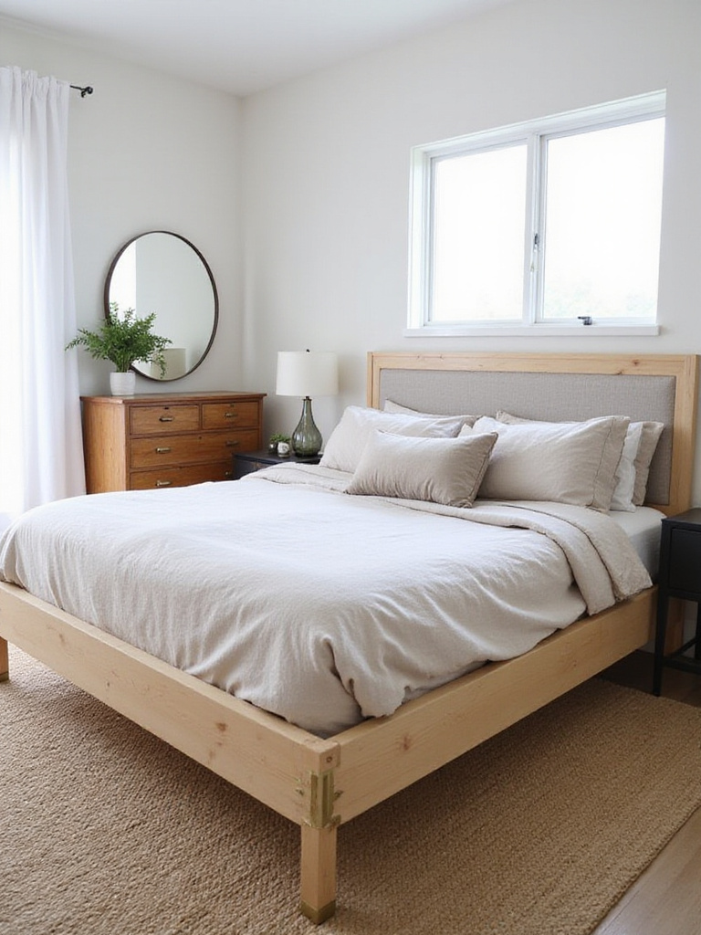 Bedroom with mixed material furniture including wood, metal, and fabric.