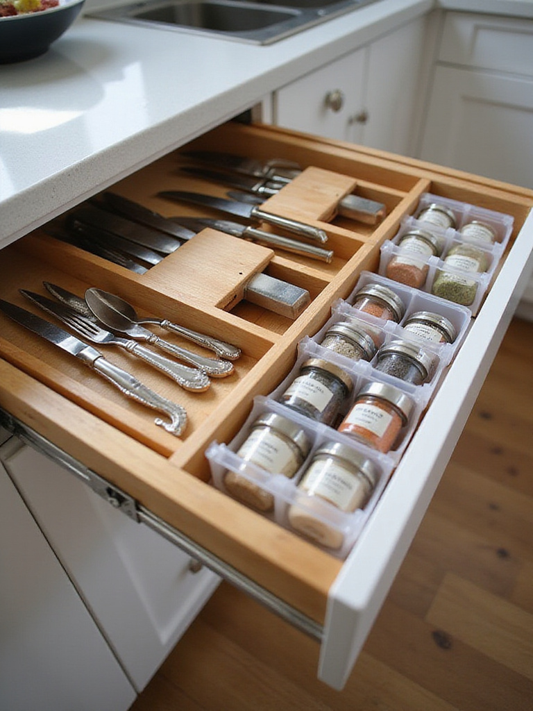A kitchen drawer organized with smart storage solutions including bamboo utensil dividers, an in-drawer knife block, and tiered spice racks, maximizing space and keeping contents neat.