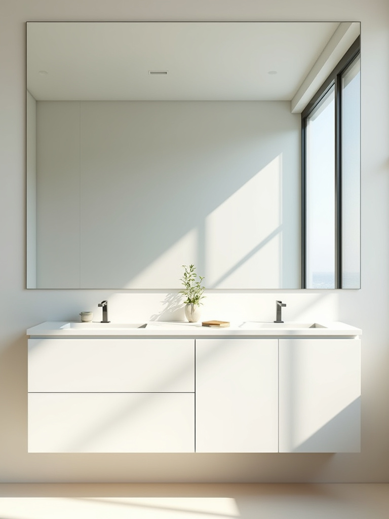 A modern small bathroom featuring a large, frameless mirror above the vanity that reflects the room and enhances the sense of space and light.