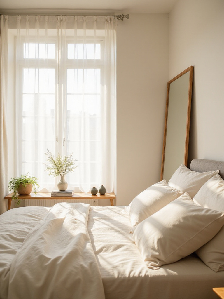 Small bedroom with bright, natural light streaming through a window and reflected by a mirror.