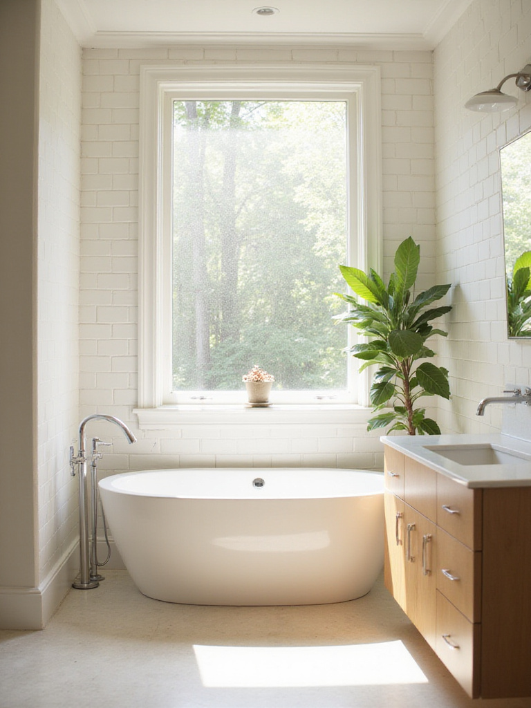 Bright bathroom with large window above bathtub, maximizing natural light