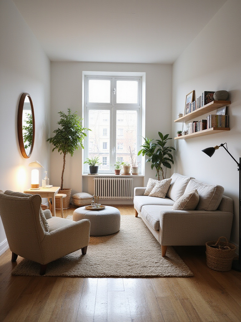 A small, cozy living room layout maximizing space with compact furniture, strategic placement, vertical storage, and mirrors to enhance light and depth.