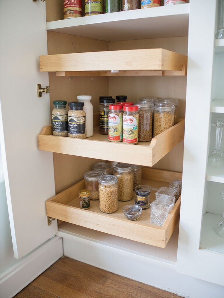 Organized kitchen cabinet showcasing smart cabinet organizers including pull-out shelves and tiered racks.