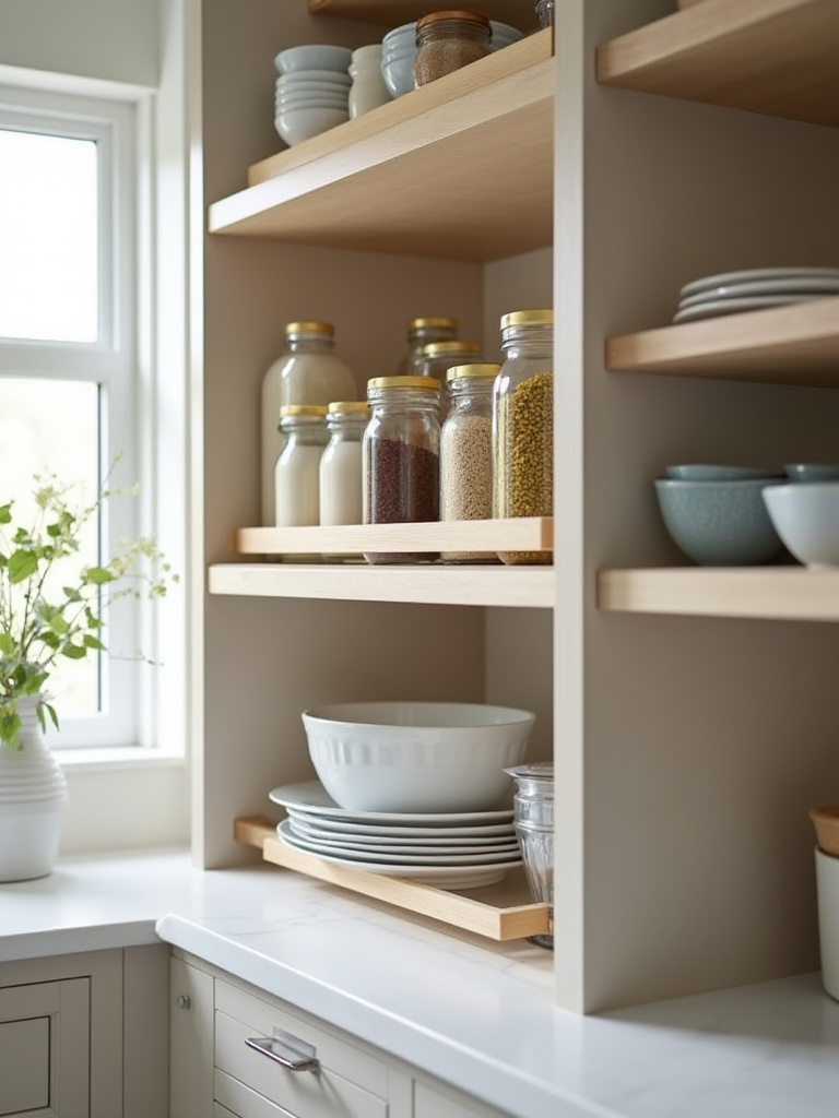 Organized kitchen cabinet with shelf risers showcasing stacked bowls and jars
