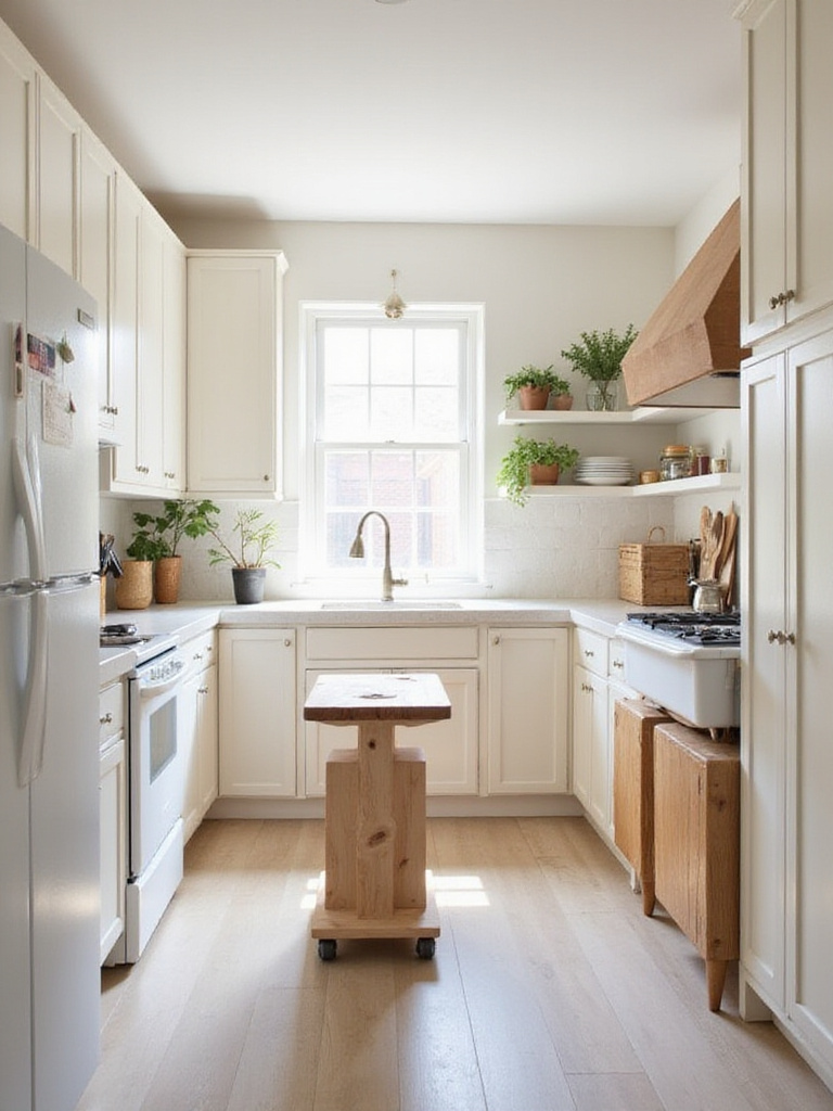 Small kitchen design maximizing space with vertical storage and rolling island