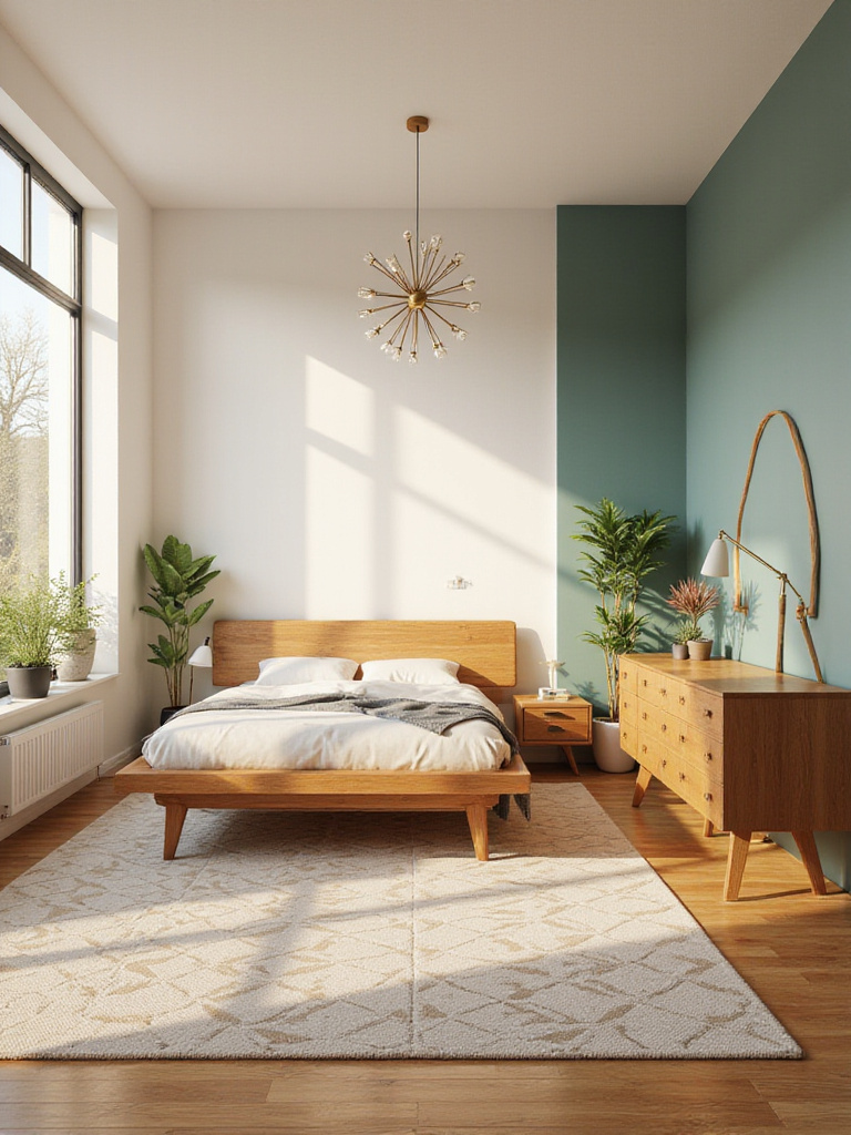 Mid-Century Modern bedroom featuring a wooden platform bed, tapered leg furniture, geometric rug, and Sputnik chandelier under warm natural light.