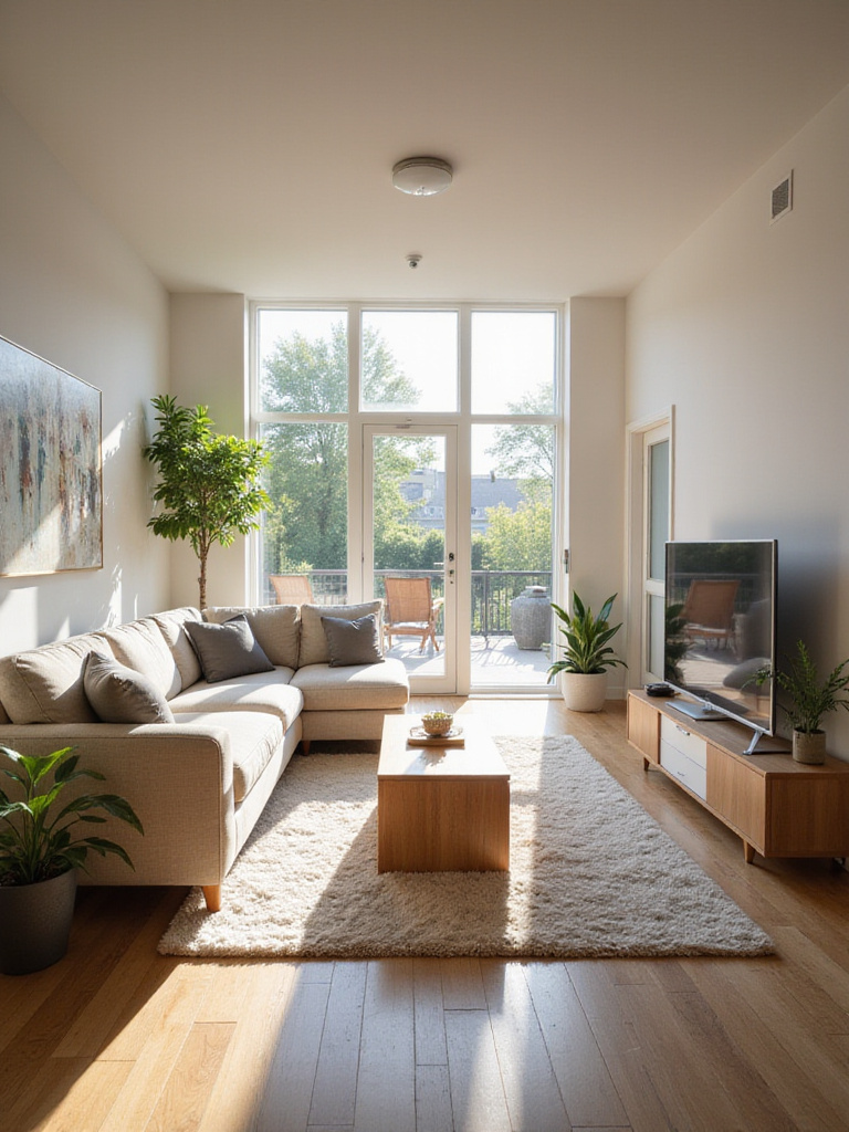 A well-arranged living room showcasing clear pathways around furniture, demonstrating effective room flow and layout.