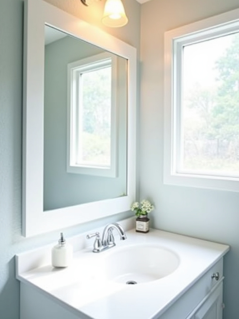 Budget bathroom makeover showcasing a large wall mirror with an elegant white DIY wood frame above a white vanity and sink.