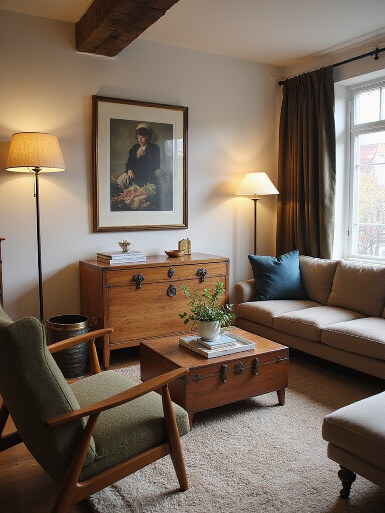 A comfortable eclectic living room featuring a mix of furniture styles including a modern sofa, vintage armchair, and antique chest coffee table.