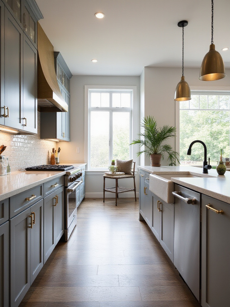 Kitchen interior featuring a mix of metal finishes, including brass cabinet hardware, a black faucet, and brushed nickel pendant lights, demonstrating a layered and stylish design approach.