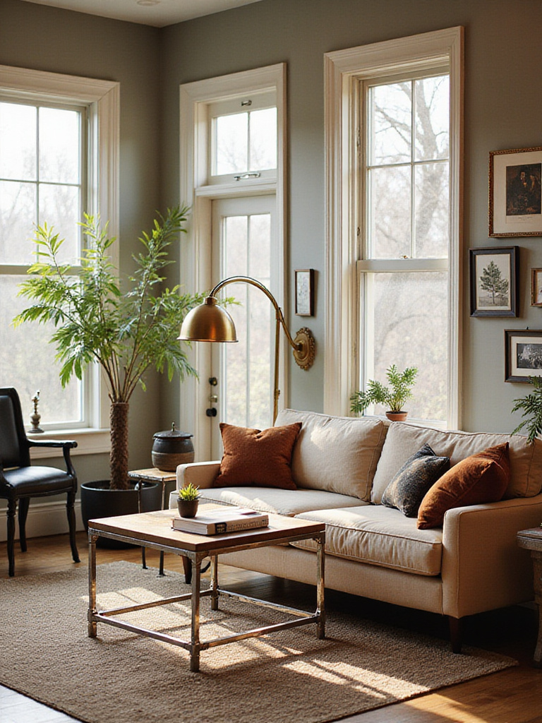 Eclectic living room featuring mixed metal finishes, including a brass floor lamp, chrome coffee table legs, and various metallic decorative accents, adding depth and visual interest.