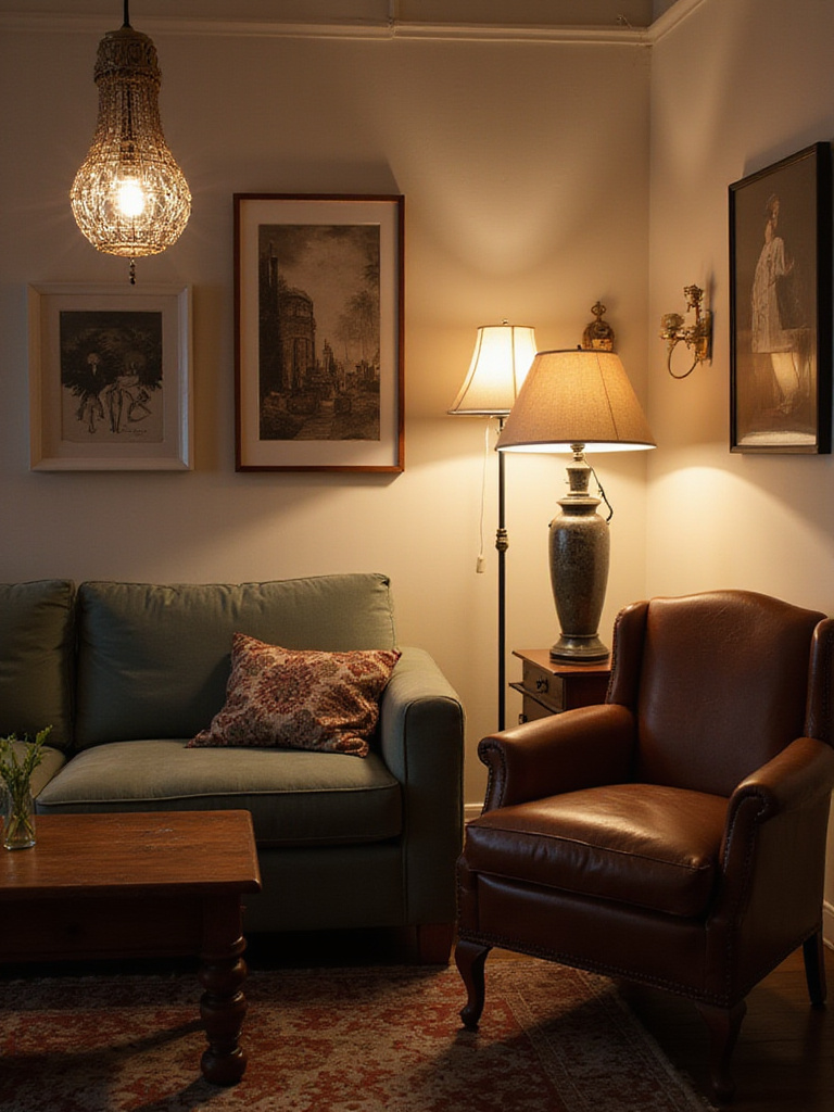 An eclectic living room featuring a mix of lighting fixtures, including a modern pendant, industrial floor lamp, and traditional table lamp, creating a layered and inviting atmosphere.