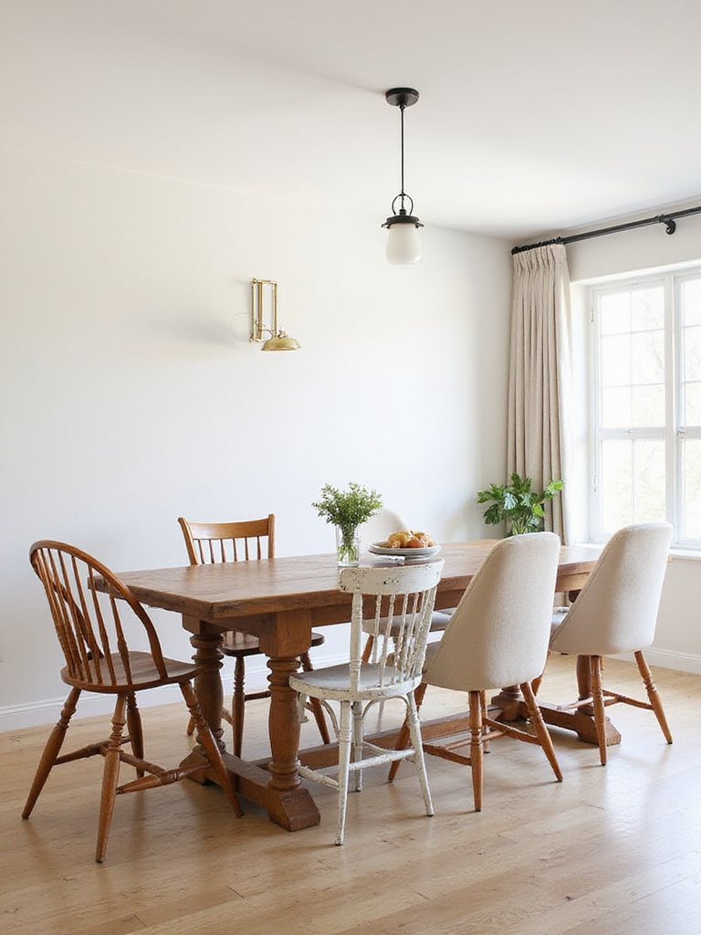 Farmhouse dining room with mismatched dining chairs around a wooden table.