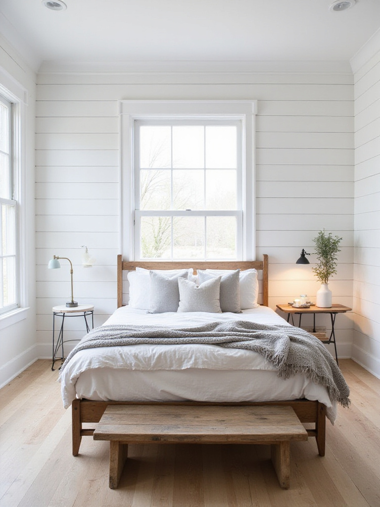 A serene Modern Farmhouse bedroom featuring white shiplap walls, a wooden bed, layered neutral bedding, and abundant natural light. The space blends rustic wood elements with clean, contemporary lines and cozy textures.