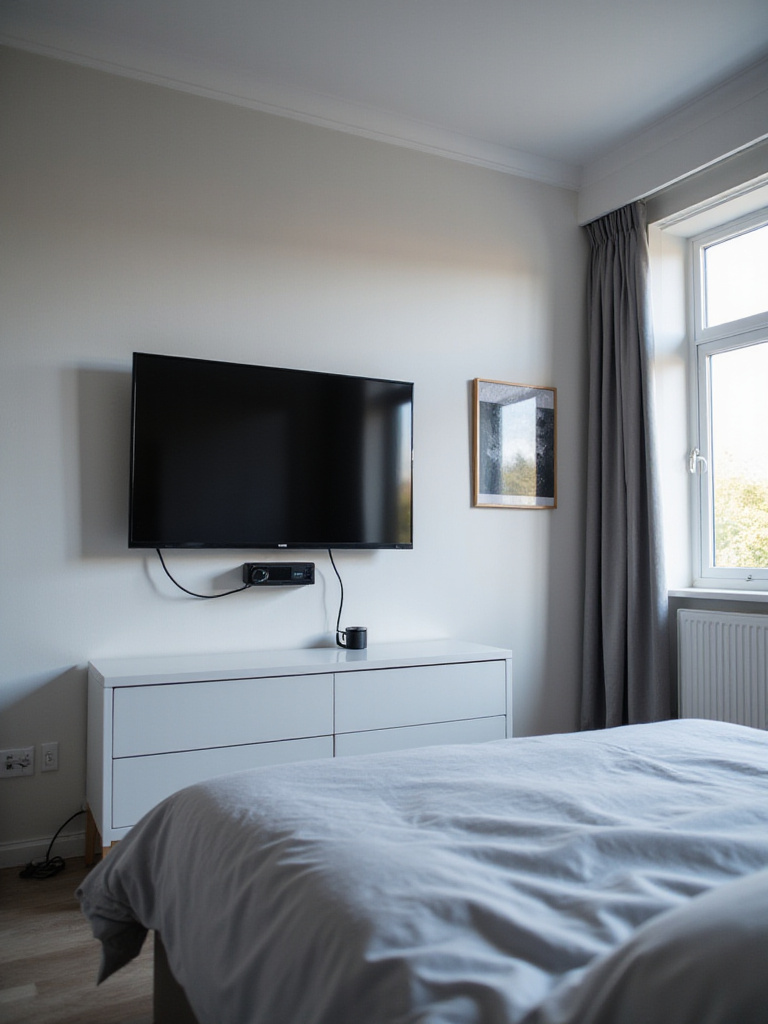 Small bedroom with a TV mounted on the wall above a dresser, maximizing space.