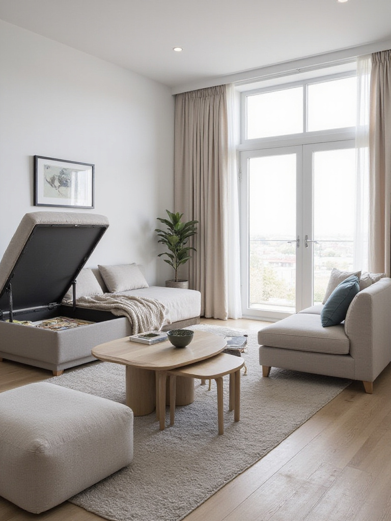 A modern living room featuring multi-functional furniture, including a sofa bed, storage ottoman, nesting tables, and a lift-top coffee table, optimizing space and versatility.