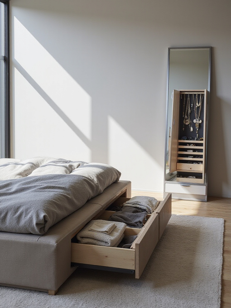 Bedroom featuring a platform bed with storage drawers and a jewelry-organizing mirror, showcasing multi-functional furniture.