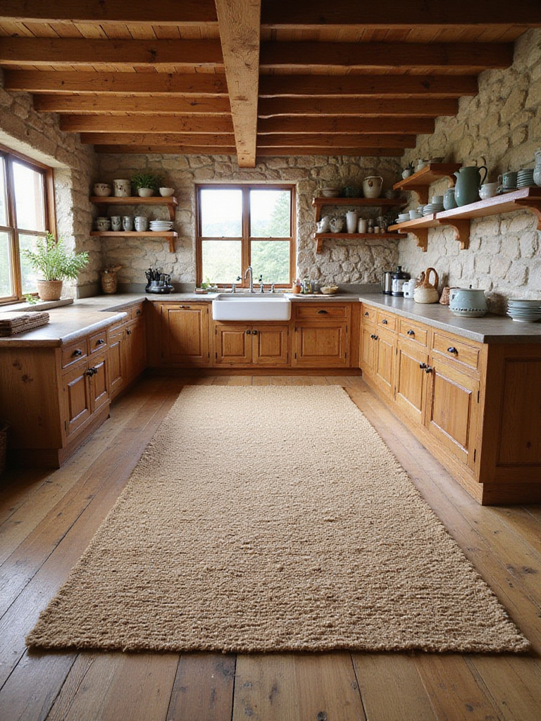 A rustic kitchen featuring a large natural fiber rug, wooden beams, stone accents, and a farmhouse sink, creating a warm and inviting atmosphere.