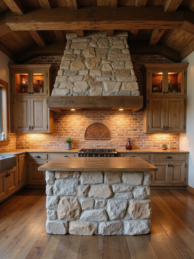 Rustic kitchen with a fieldstone island base and a reclaimed brick backsplash.