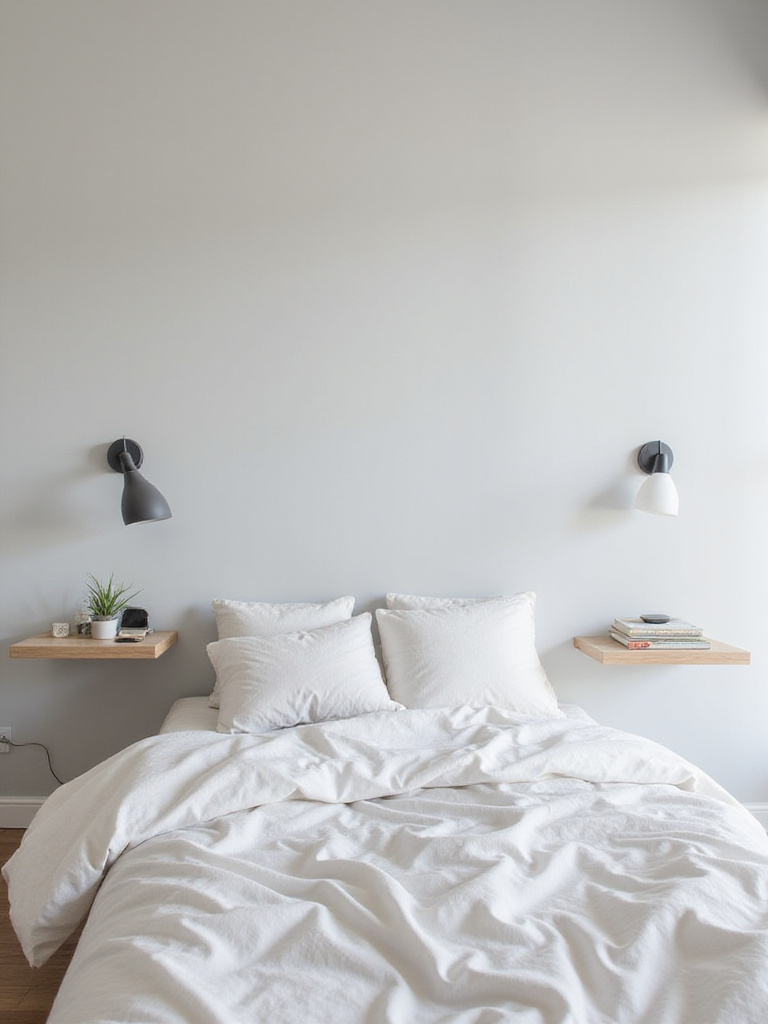 Small bedroom with floating shelves as nightstand alternatives