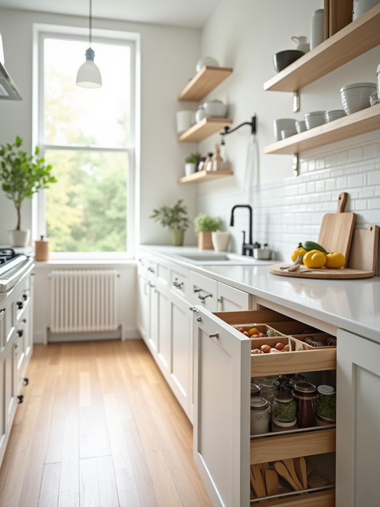 Modern kitchen interior showcasing optimized storage solutions like pull-out pantry shelves, organized drawers with dividers, and vertical cabinet storage for baking sheets.