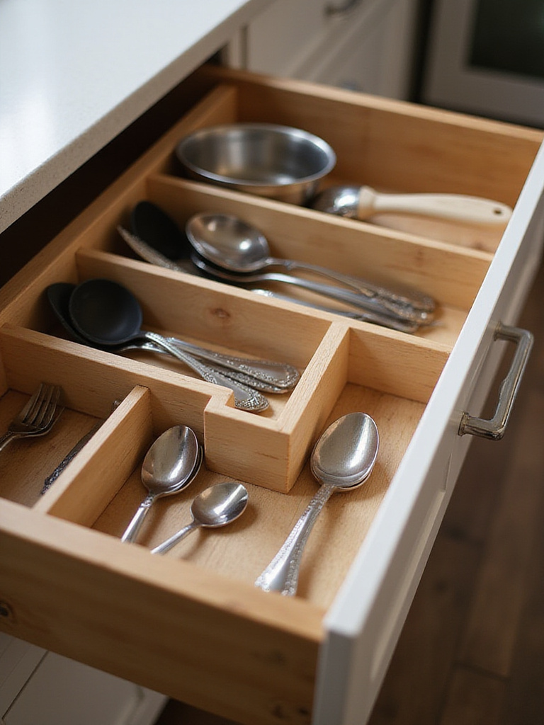 Organized kitchen drawer with expandable dividers for utensils and gadgets