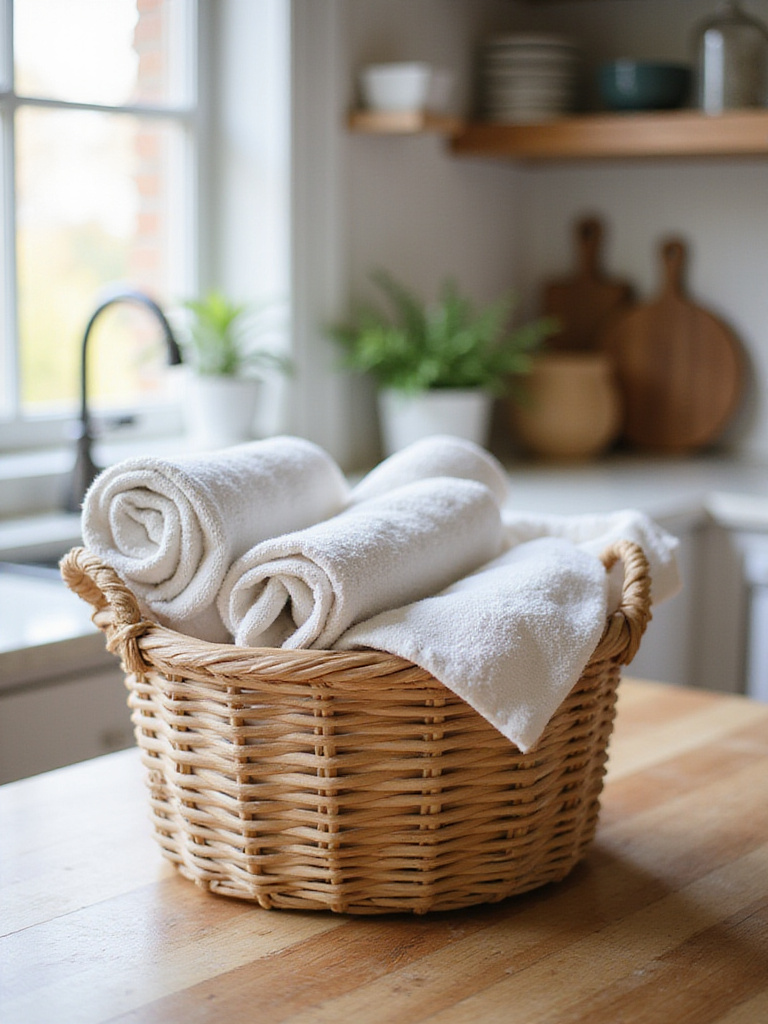 Organized dish towels in a woven basket on a kitchen countertop