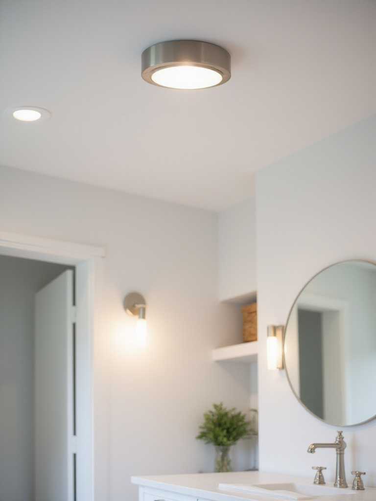 Modern bathroom with flush mount ceiling light providing ambient illumination